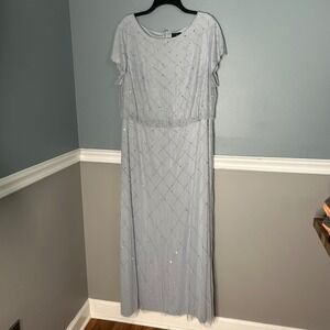 Adrianna Papell 18W Beaded Mesh Gown Dusty Blue Sequin Lattice Formal Maxi Dress